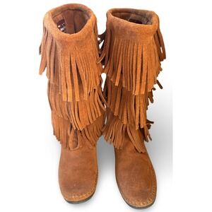 Minnetonka Brown Suede 3-Layer Fringe Moccasin Boots Women's 10 Boho
